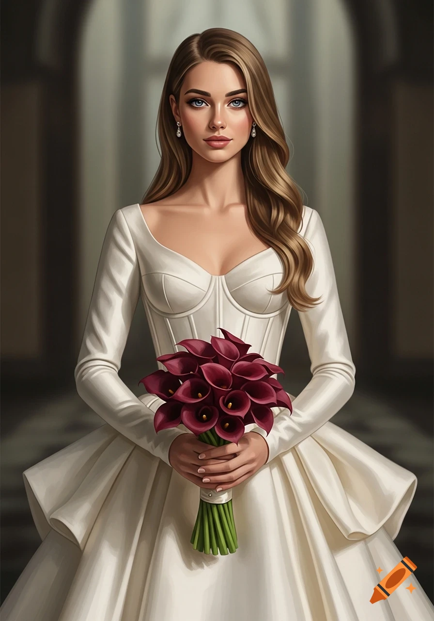 A young woman with long blonde hair and blue-grey eyes, wearing a white wedding dress and holding a bouquet of dark red calla lilies.