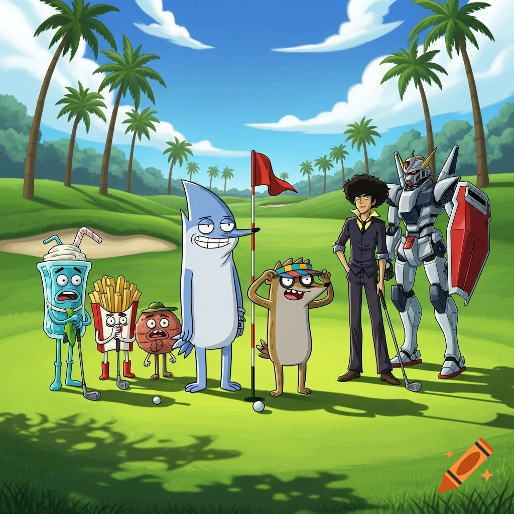 Regular Show characters Mordecai and Rigby, with Aqua Teen Hunger Force, Spike Spiegel, and a Gundam playing golf.