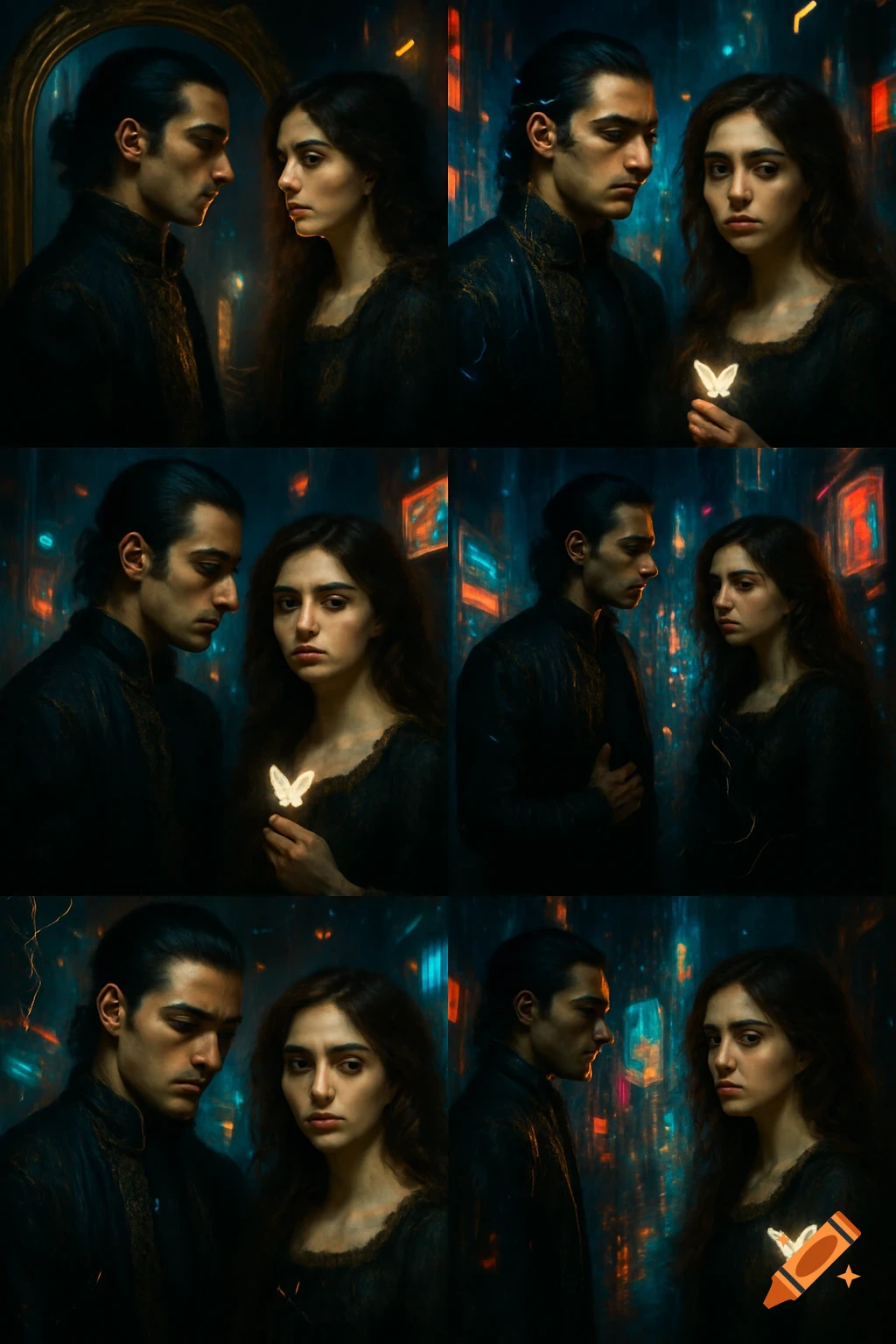 Six dark fantasy portraits of a man and a woman in a cyberpunk setting with glowing butterflies, arranged in a grid.