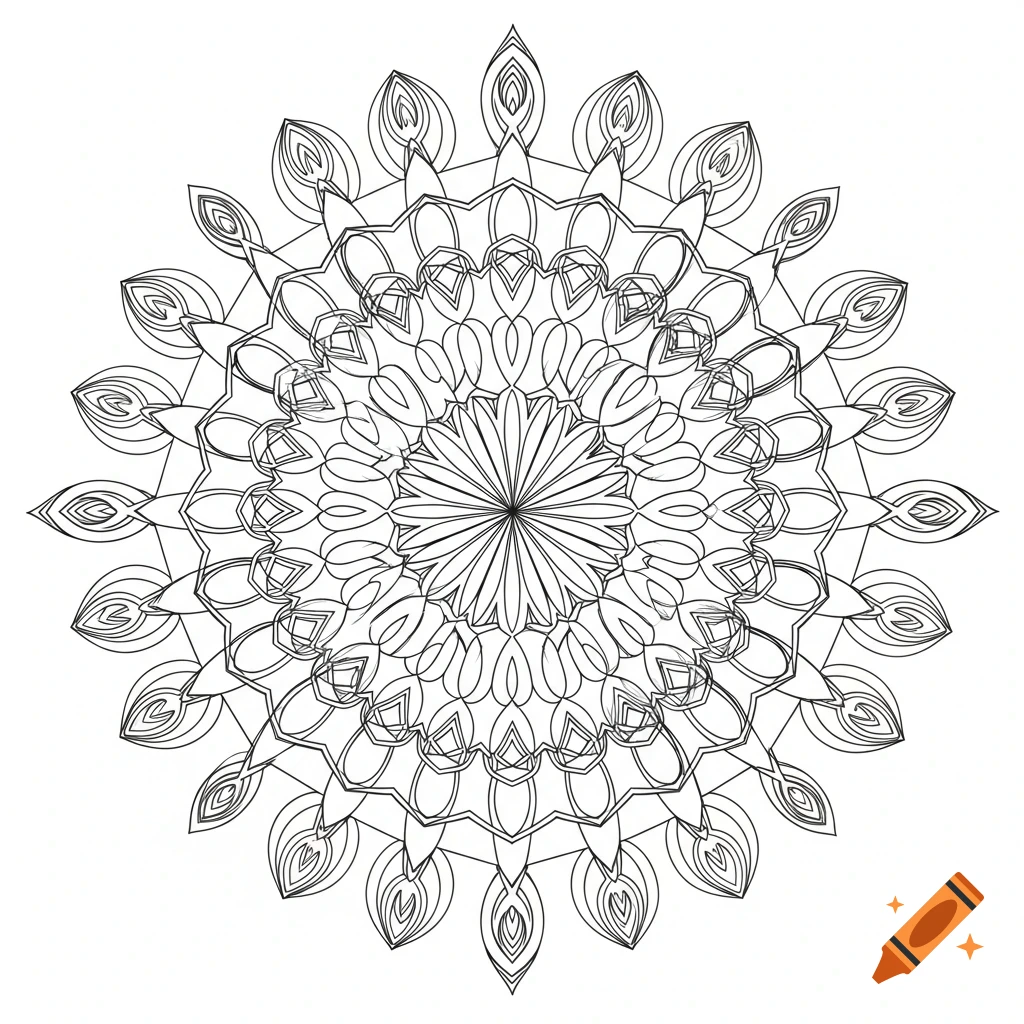 Detailed black line art radial design with intricate patterns, resembling a mandala.