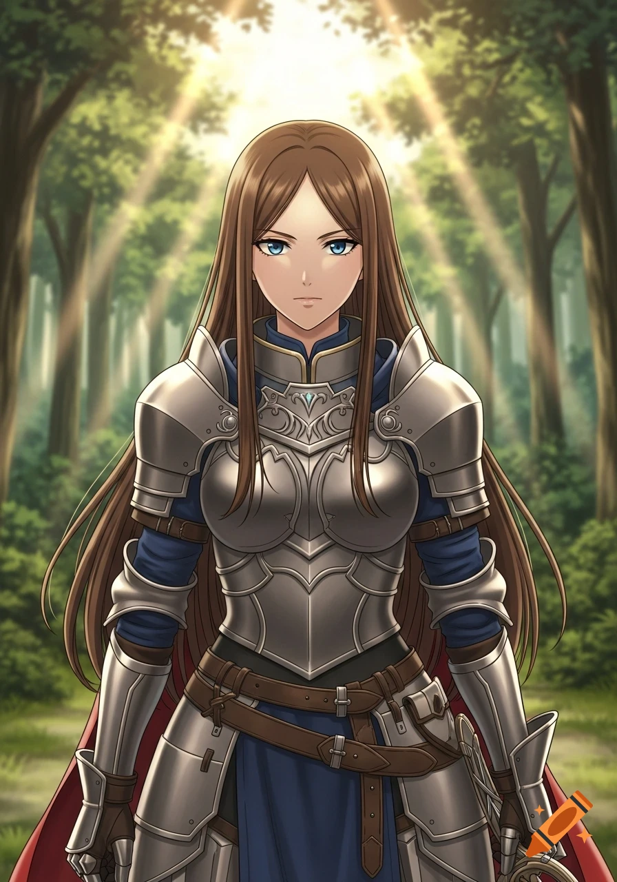 Anime style female knight with long brown hair and blue eyes, wearing silver armor and a red cape, standing in a sunlit forest.