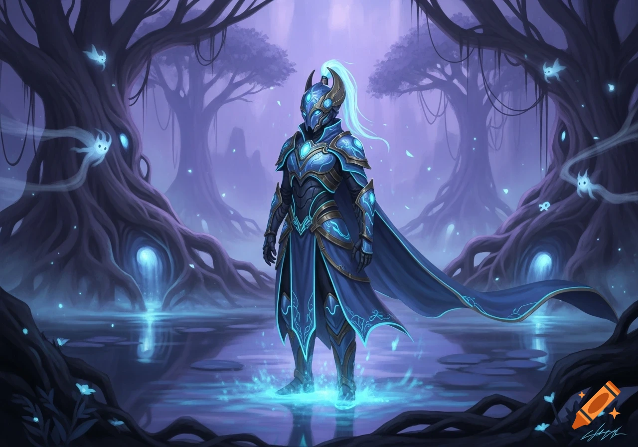 A knight in glowing blue and gold armor stands in a mystical, purple-hued forest with luminous water and ethereal spirits.