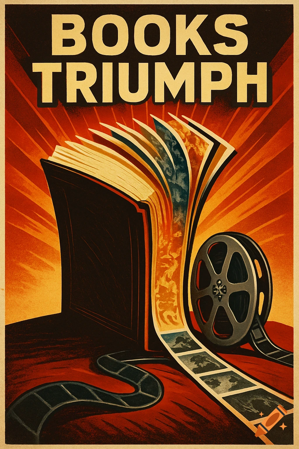 A vintage propaganda poster shows a large book with pages flowing into a film strip, beside a film reel, against a red and yellow radiating background. Text reads 'BOOKS TRIUMPH'.