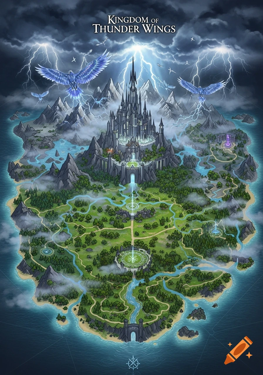 Isometric fantasy map of a stormy island kingdom with a central castle, flying blue eagles, lightning, rivers, and forests.