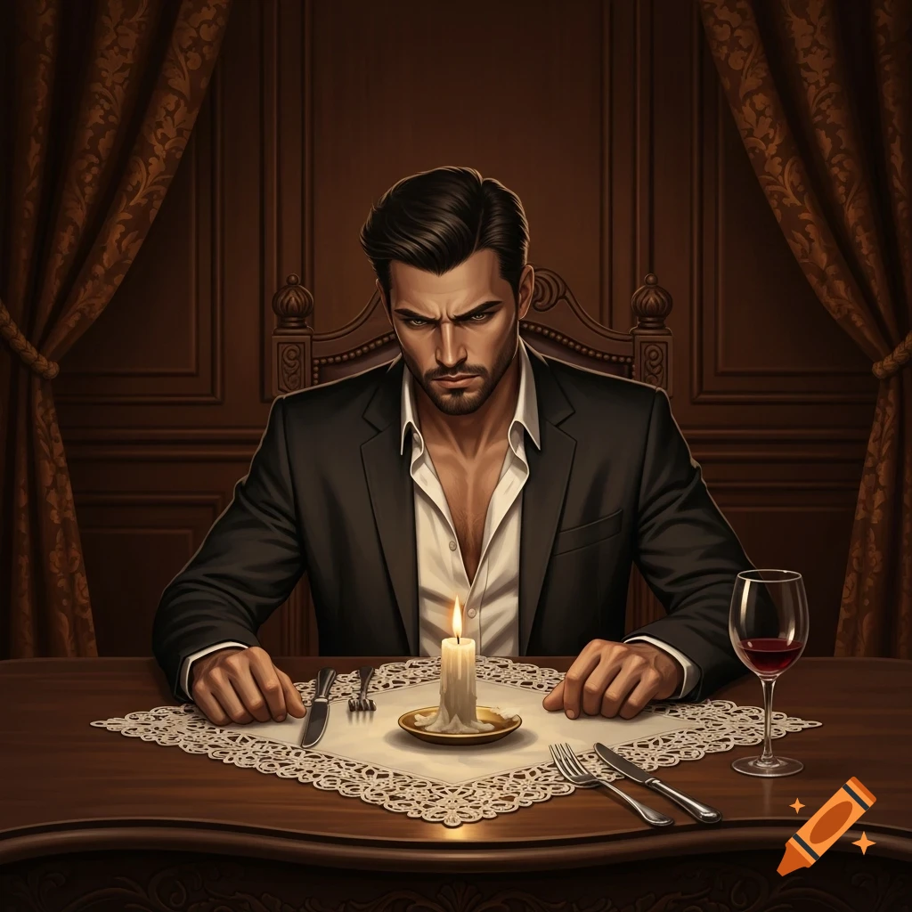 A dramatically lit portrait of an upset man in a suit, sitting at a table set with a single candle and wine glass.