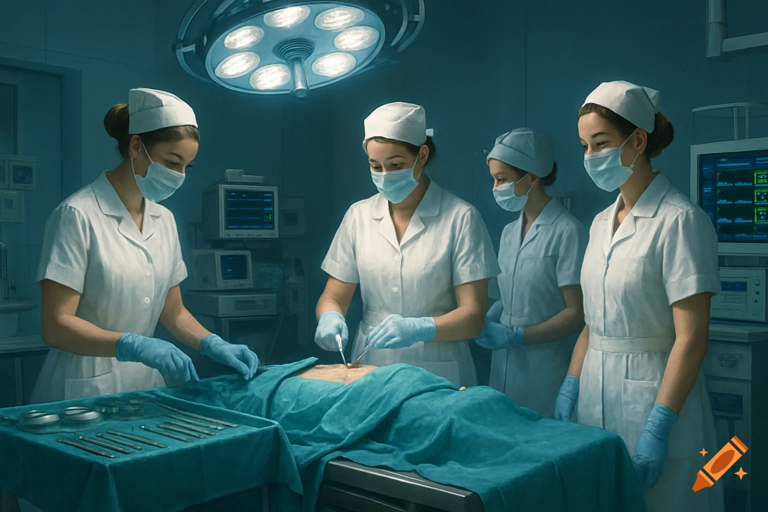Four nurses in surgical scrubs and masks perform surgery on a patient in an operating room, with medical monitors in the background.