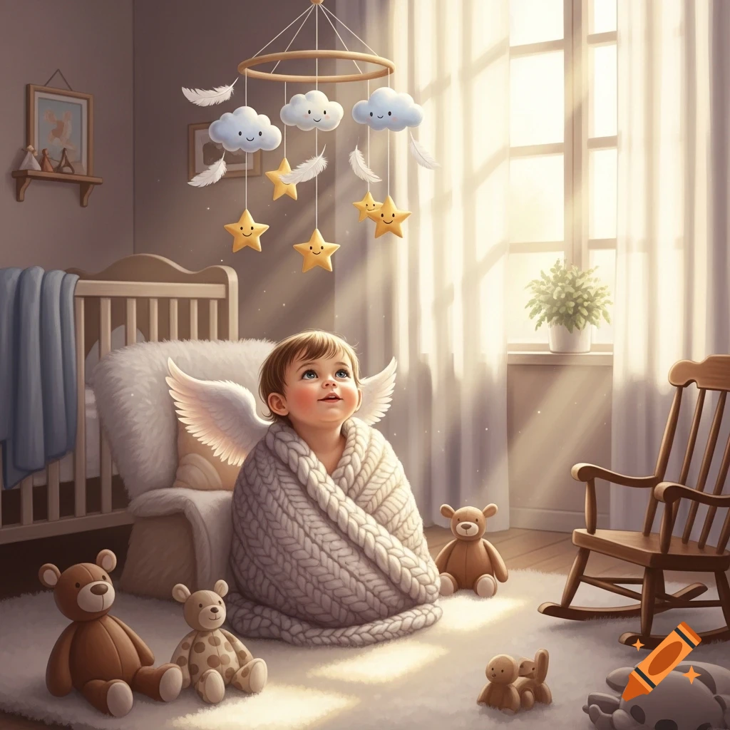 A baby with small angel wings wrapped in a white blanket, looking up in a sunny nursery with a star and cloud mobile and teddy bears.