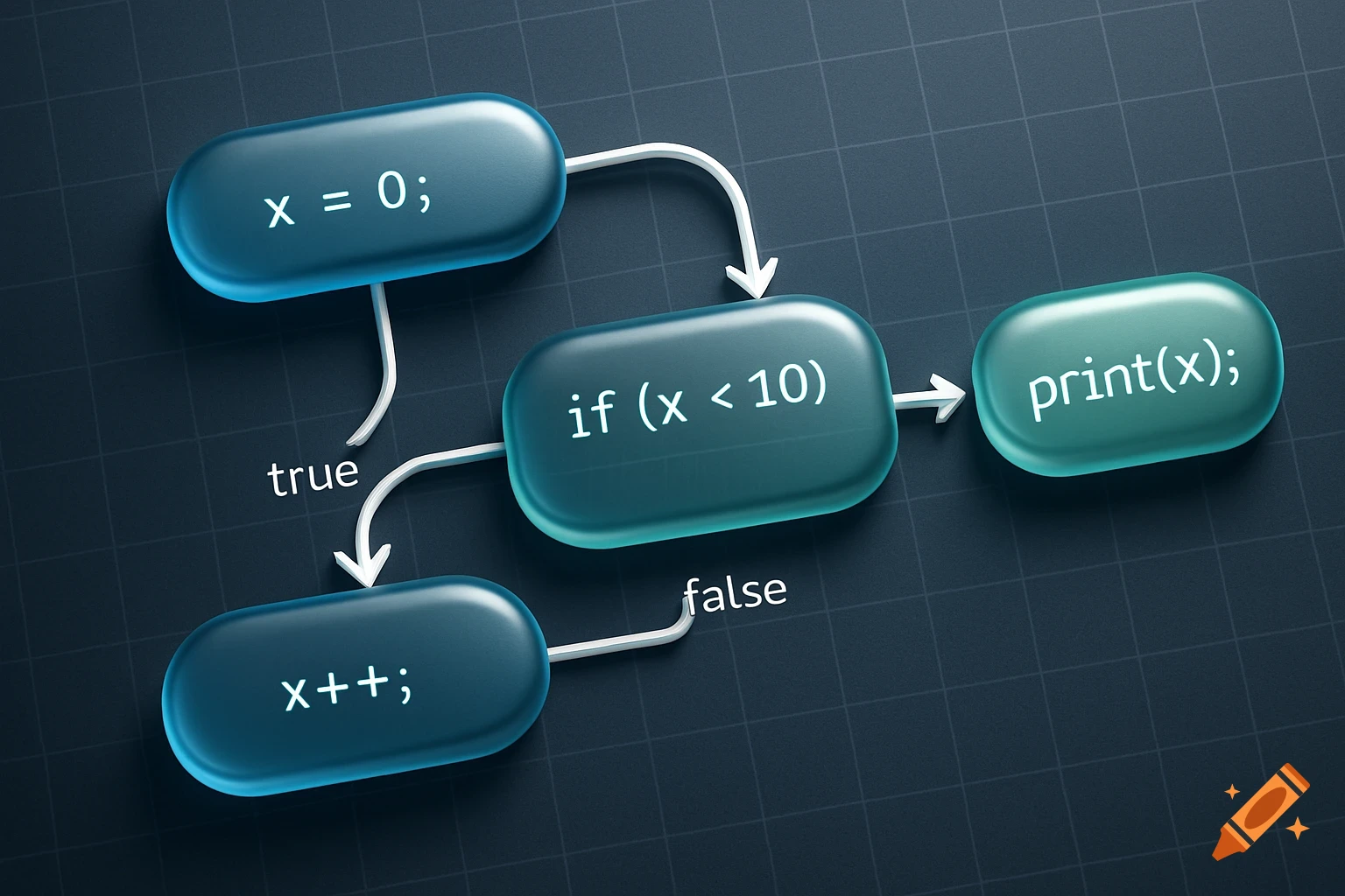 A 3D rendered flowchart on a dark grid background, depicting a simple loop: initialize x to 0, check if x is less than 10. If true, increment x and loop back. If false, print x.
