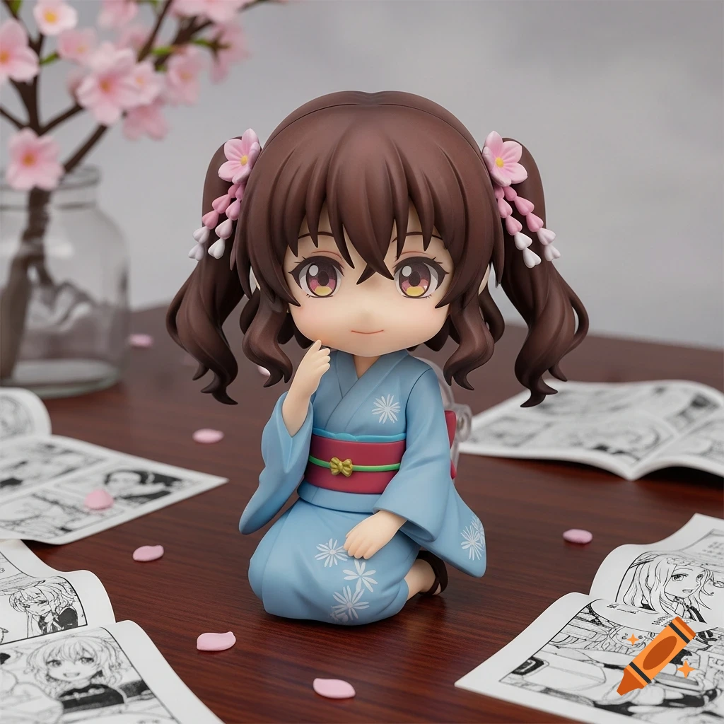 A Nendoroid figure of an anime girl with brown pigtails, wearing a blue kimono, kneeling on a wooden table with scattered manga pages and pink cherry blossom petals.