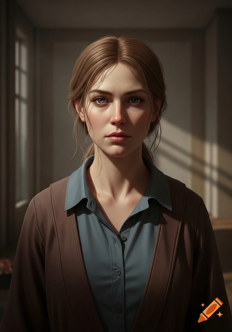 Photorealistic portrait of a young woman with light brown hair and blue-grey eyes, wearing a teal shirt and brown cardigan.