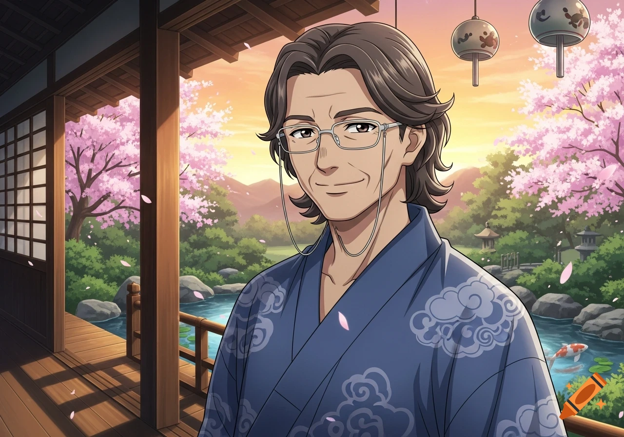 An anime man with brown, greying hair and glasses wears a blue yukata, smiling in a Japanese garden with cherry blossoms.