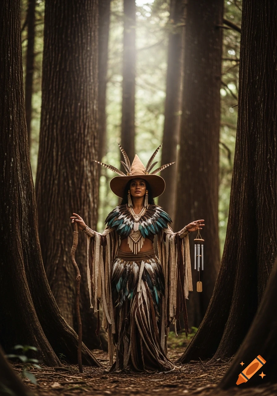 A woman dressed as a witch in a feathered and cloth costume, holding a staff and wind chimes, stands in a sunlit forest.