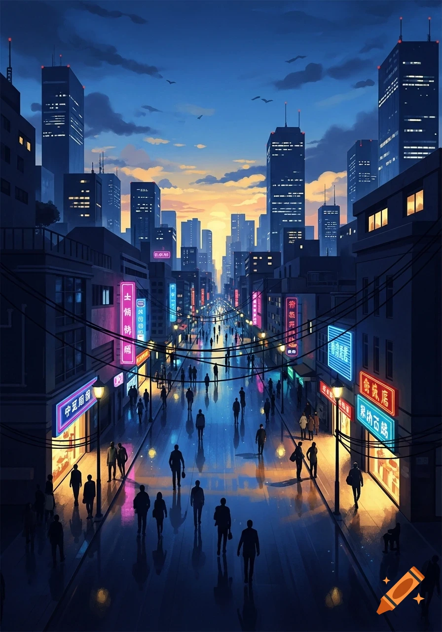 A vibrant, anime-style cityscape at dusk, with numerous people walking down a neon-lit street framed by tall buildings.
