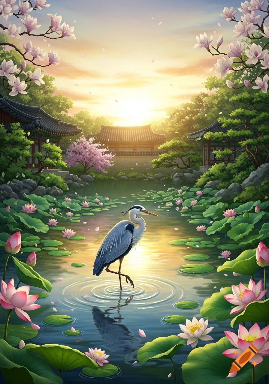 Illustrated heron standing in a lotus pond with traditional East Asian buildings at sunset.