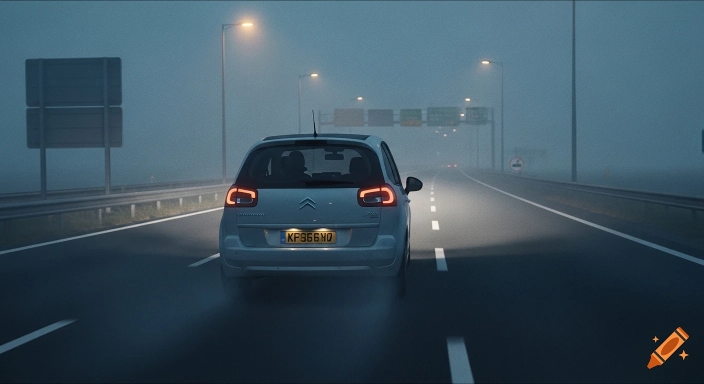 A white Citroën Picasso driving on a foggy motorway at night, with streetlights illuminating the scene.