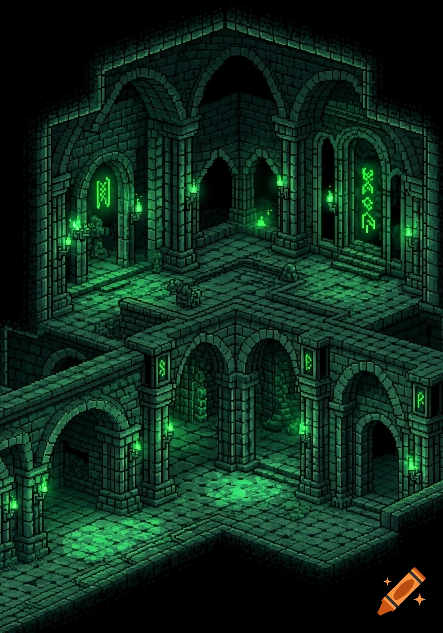 Isometric pixel art of a dark, stone dungeon with green glowing runic symbols and eerie lights illuminating archways.