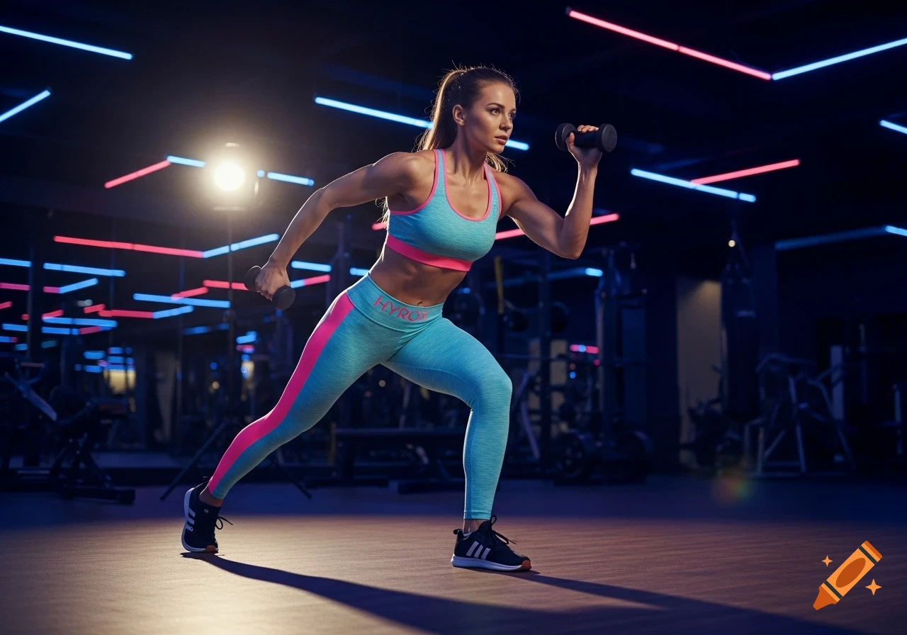 A young female athlete in neon blue and pink sportswear performs a lunge with dumbbells in a modern gym with neon lights.