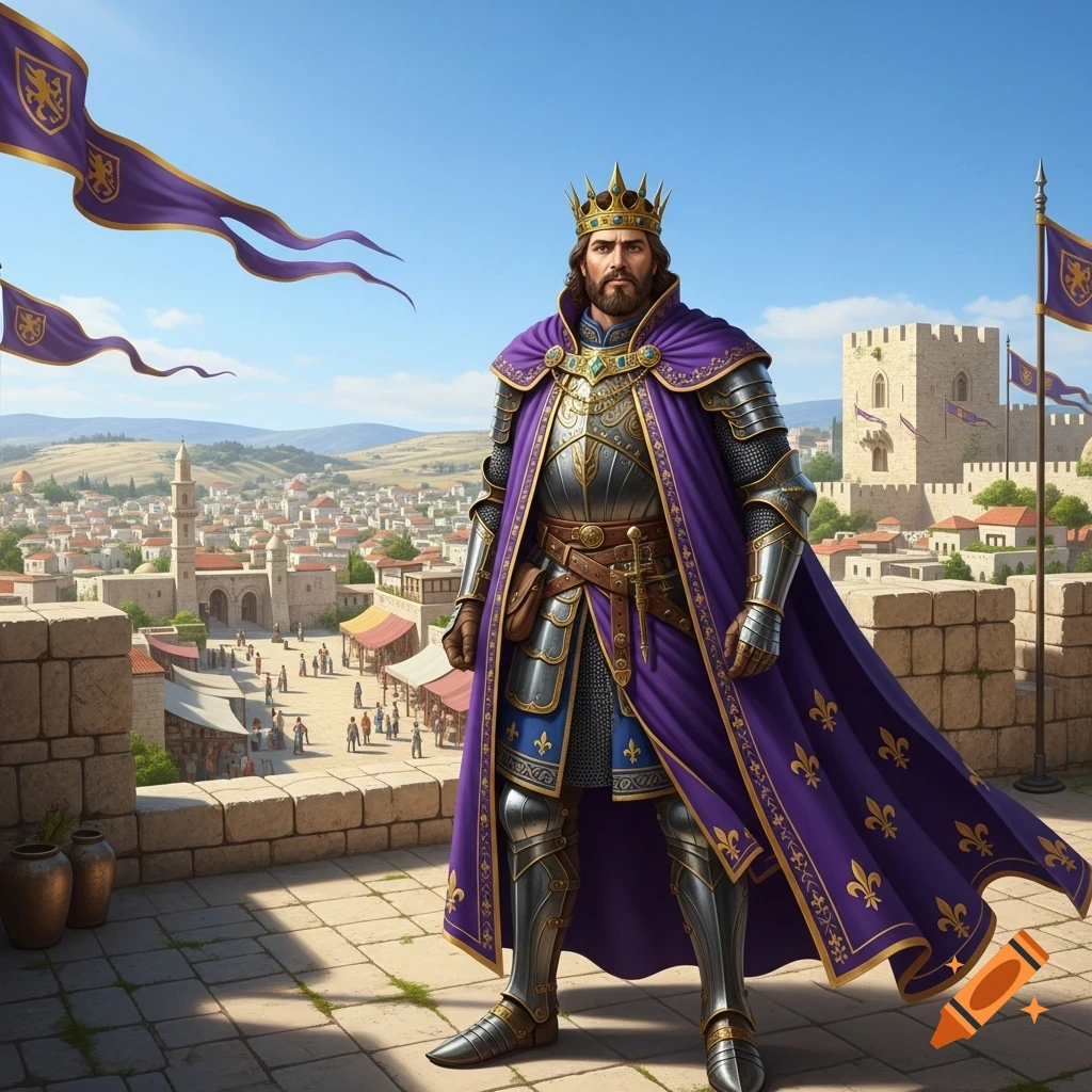 A king in elaborate armor, purple cape, and crown stands on a wall overlooking a medieval city and castle under a clear sky.