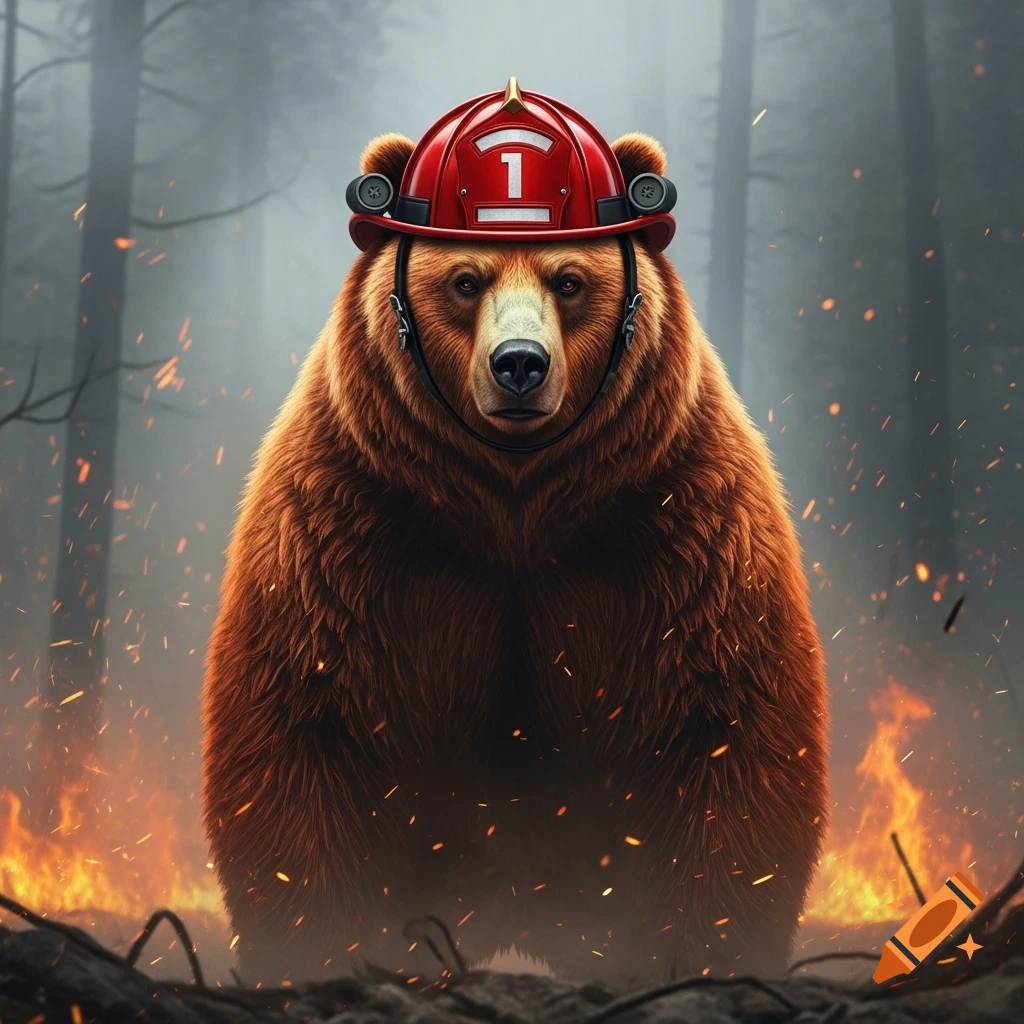 A brown bear wearing a red firefighter helmet stands in a smoky forest engulfed in fire, with embers flying.