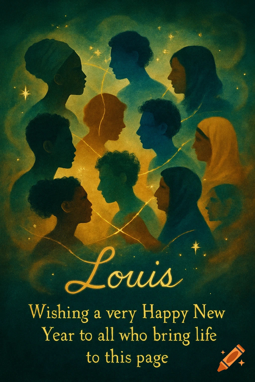 A group of diverse silhouetted individuals against a teal and gold glowing background with stars, and a New Year's greeting.