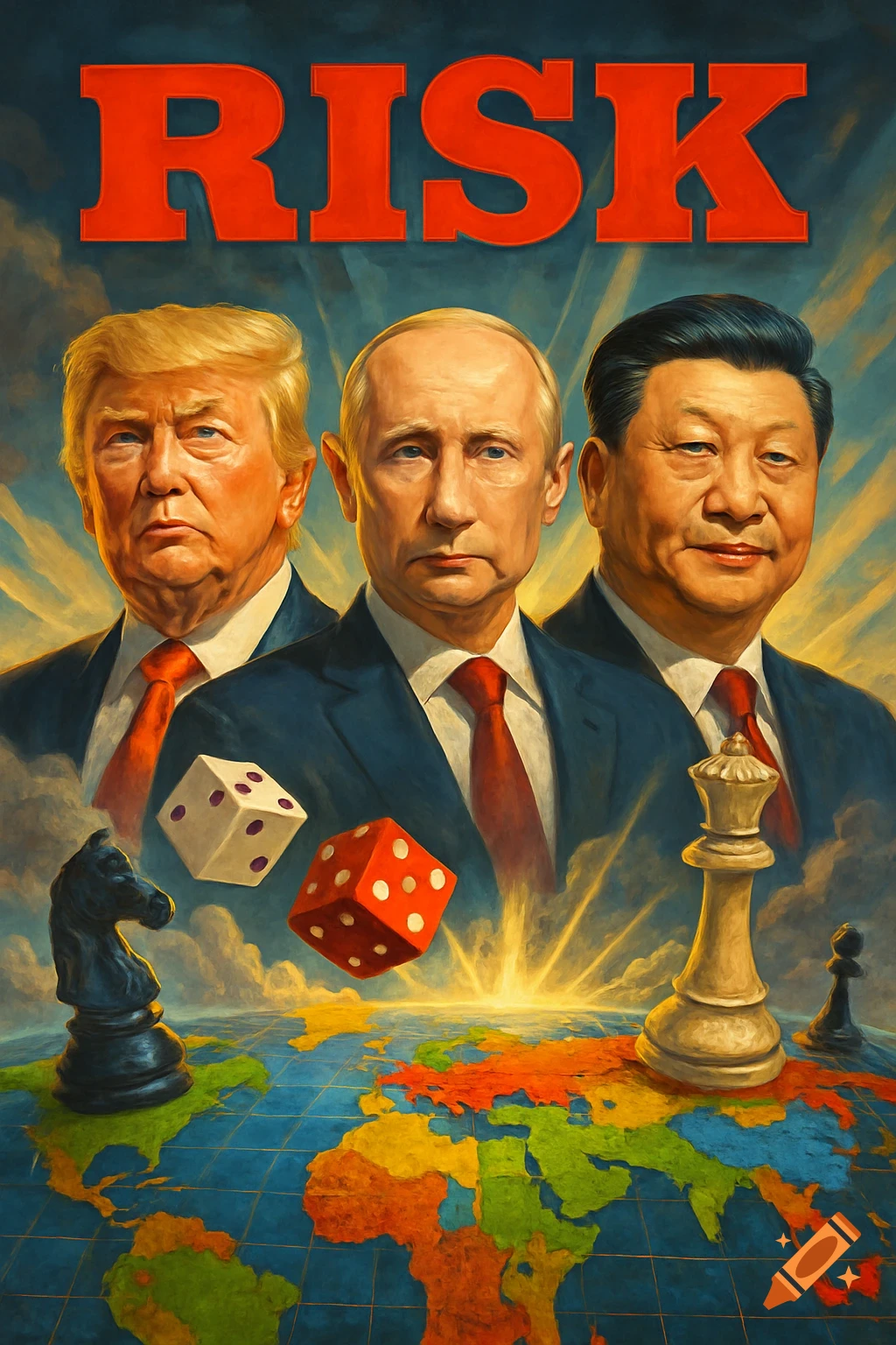 Donald Trump, Vladimir Putin, and Xi Jinping above a world map with chess pieces, dice, and the word "RISK" overhead in a painted style.