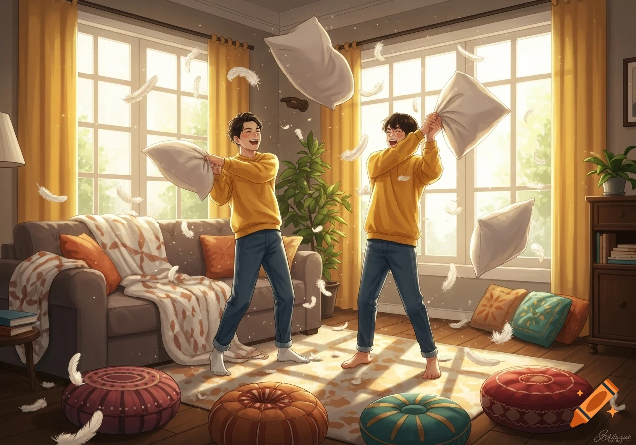 Two young men joyfully have a pillow fight in a sunny living room with flying feathers, in an anime style.