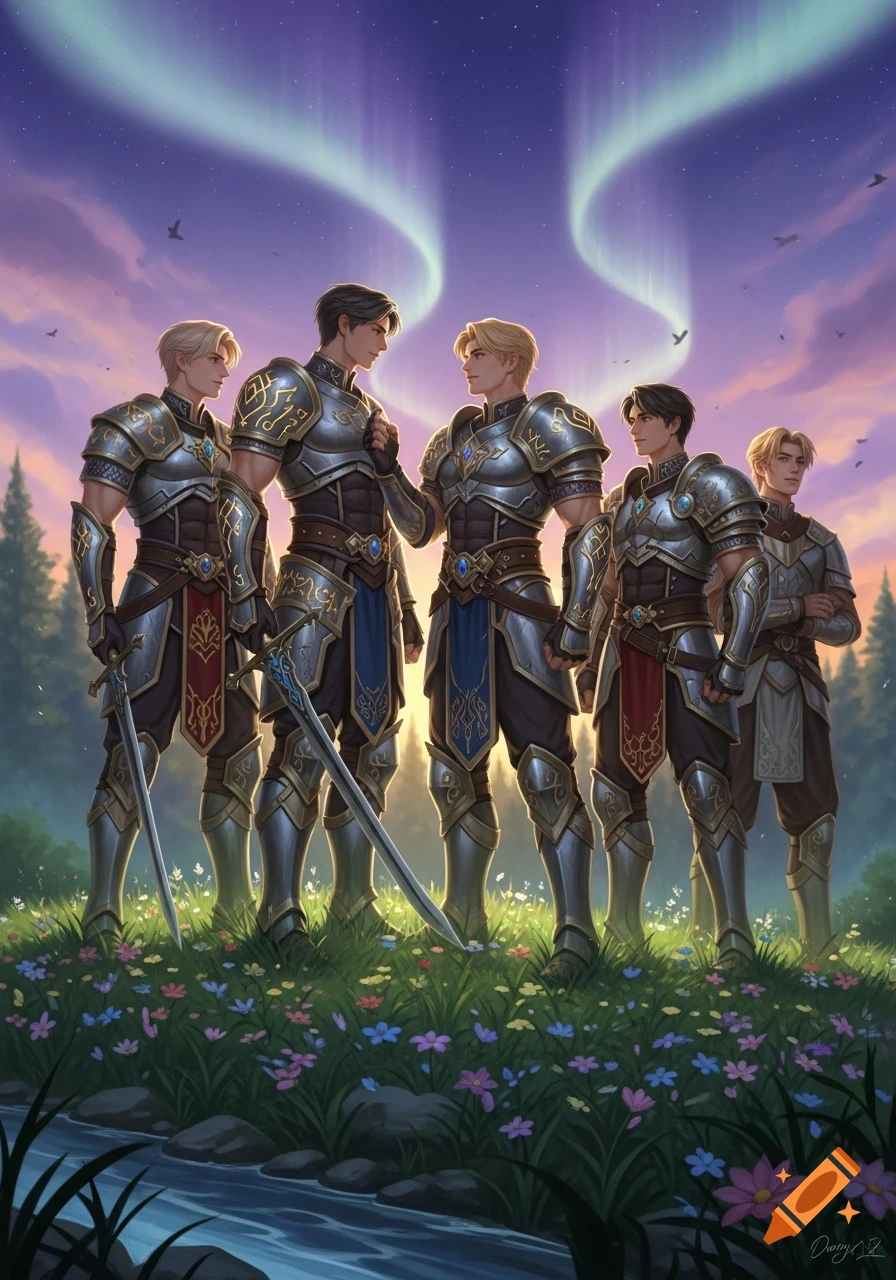 Five handsome male warriors in ornate silver and gold armor stand in a lush field with a river, under a vibrant sunset sky with an aurora.