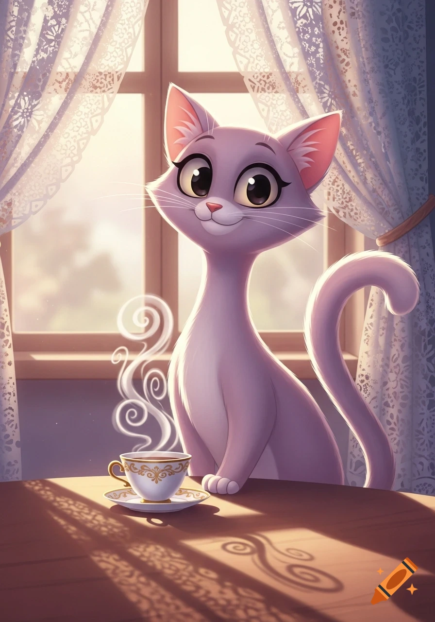A cute, smiling cartoon cat sits at a wooden table with a steaming teacup by a window with lace curtains.