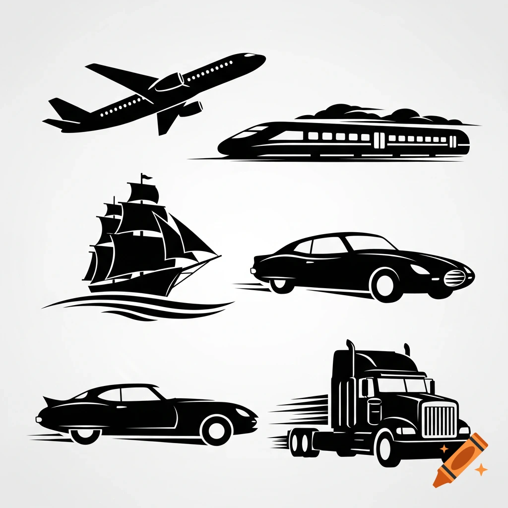 Black vector icons of various modes of transport including an airplane, a bullet train, a sailing ship, two cars, and a semi-truck.