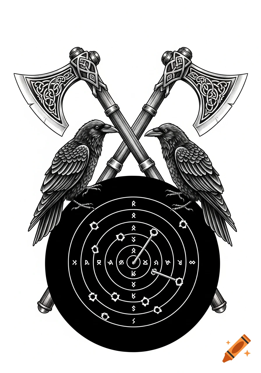 Black and white Nordic Viking tattoo motif featuring two ravens perched on a target with runes and bullet holes, crossed axes behind them.