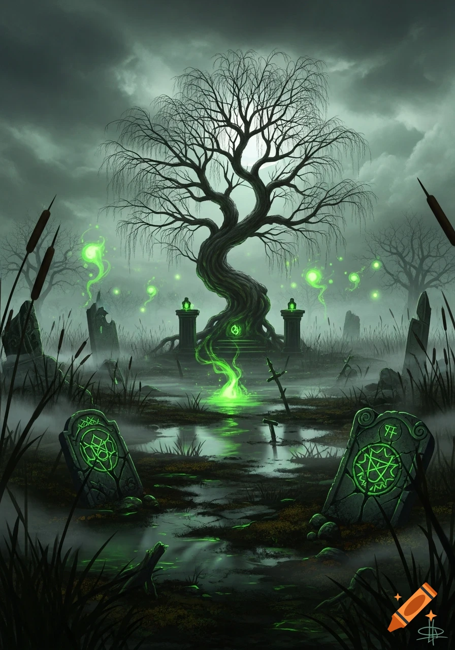 A dark, eerie swamp scene at night with a twisted, bare tree, glowing green magic, ancient gravestones, and cattails under a cloudy sky.