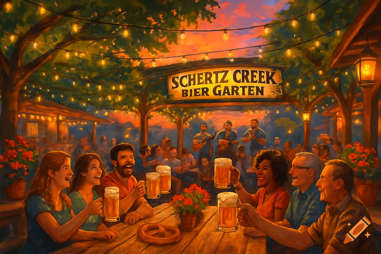 A lively biergarten at sunset, people smiling, raising beer mugs at tables under string lights and trees in a painterly style.