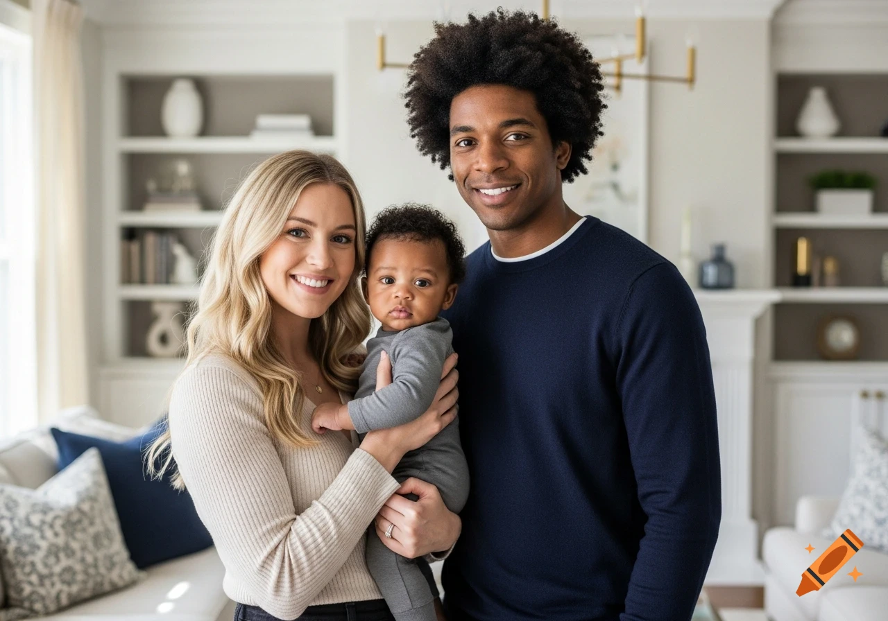 Smiling diverse couple holding their baby in a modern living room.