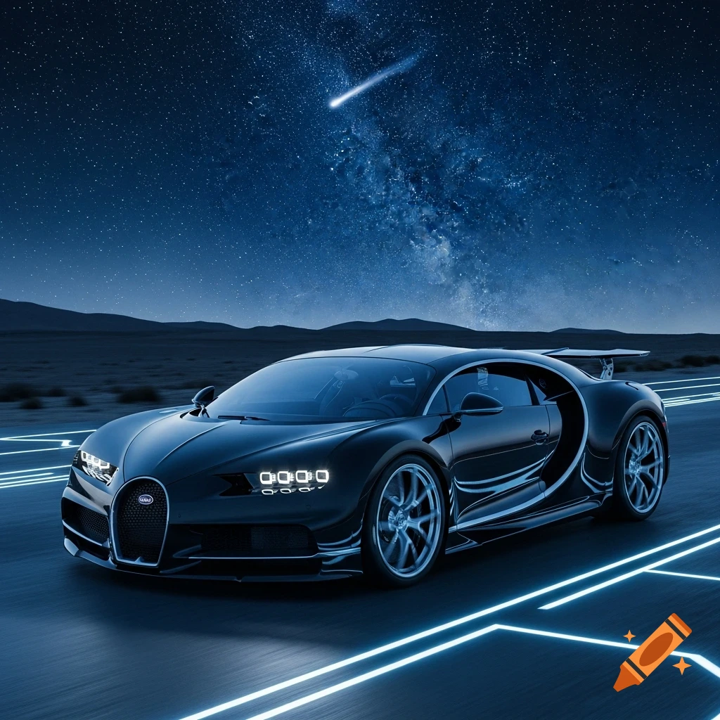 A sleek black Bugatti Chiron drives on a road with glowing blue lines under a starry night sky with a shooting star.