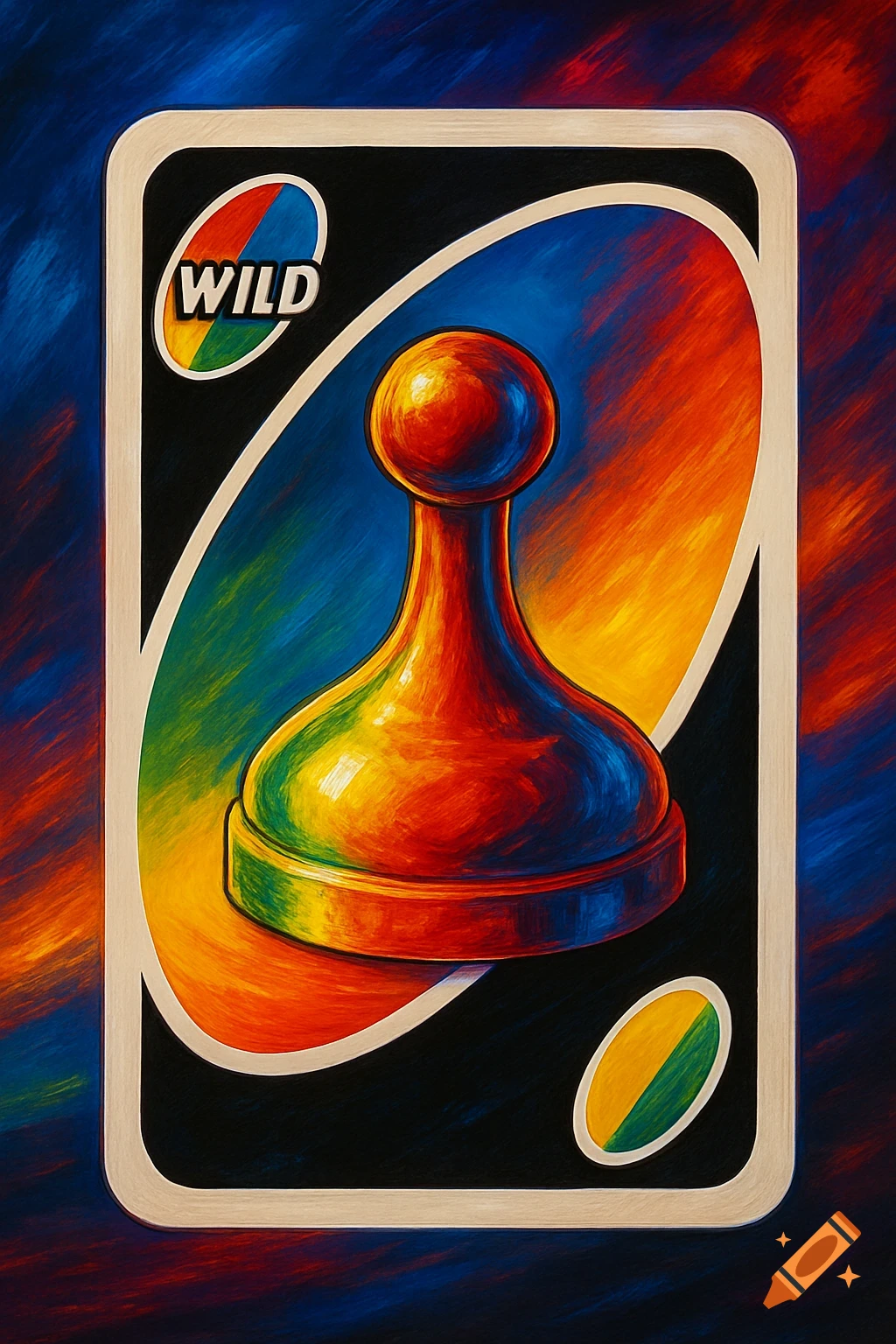 An artistic rendering of an Uno Wild card, featuring a colorful game piece, against a vibrant, painterly background.