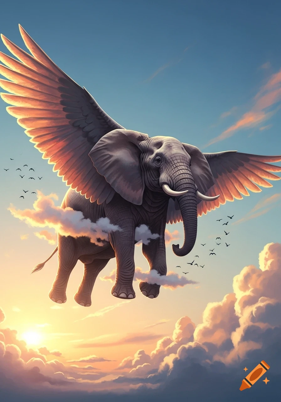 A majestic winged elephant soars through a vibrant sunset sky, surrounded by fluffy clouds and distant birds.