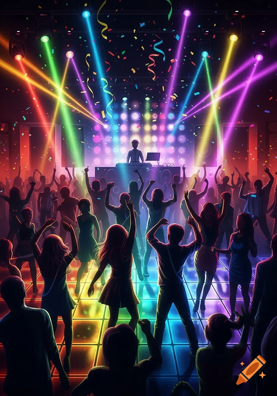 A vibrant, dynamic scene of a large crowd dancing on a light-up floor in a club with colorful lasers, spotlights, and falling confetti. A DJ is visible on stage.