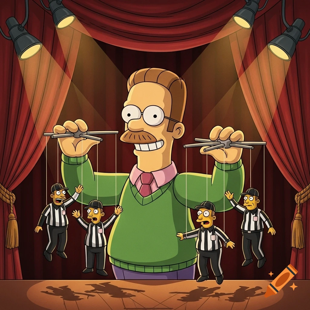 Ned Flanders from The Simpsons as a puppet master, controlling four NFL referee puppets on a red stage with spotlights.