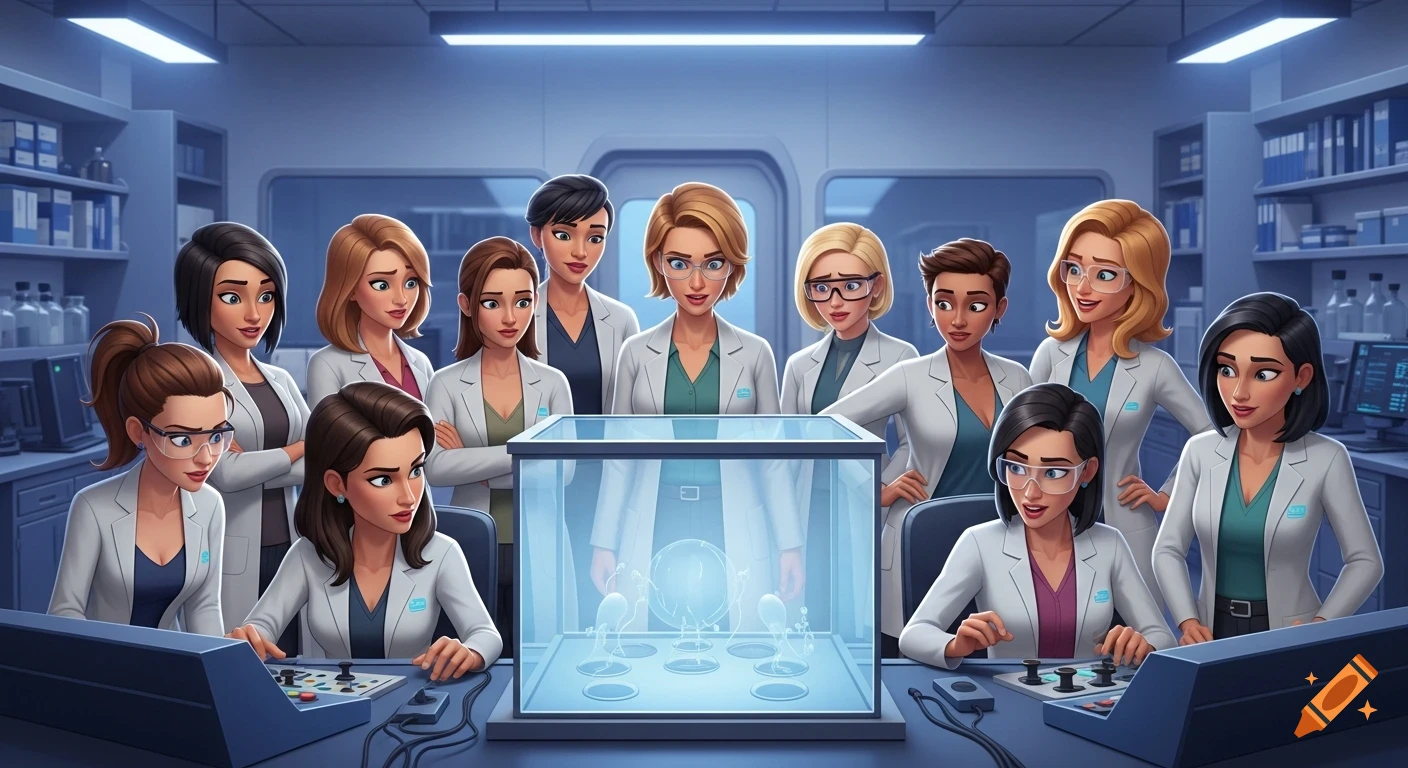 Animated women scientists in a futuristic laboratory, some at control panels, looking at a glowing glass containment box.
