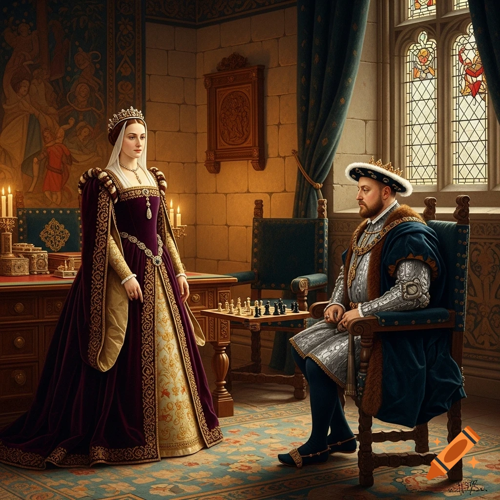 Queen Maria I. Tudor and King Henry VIII in a richly decorated stone room. The Queen stands by a candlelit desk, the King sits playing chess. Photorealistic oil painting.