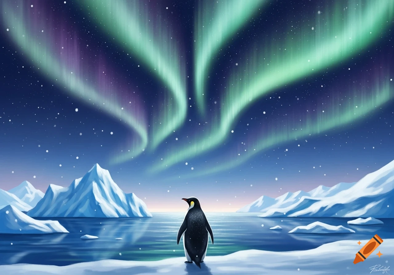 An emperor penguin stands on snow, gazing at vibrant green and purple aurora borealis over an arctic ocean with icebergs, in an illustrated style.