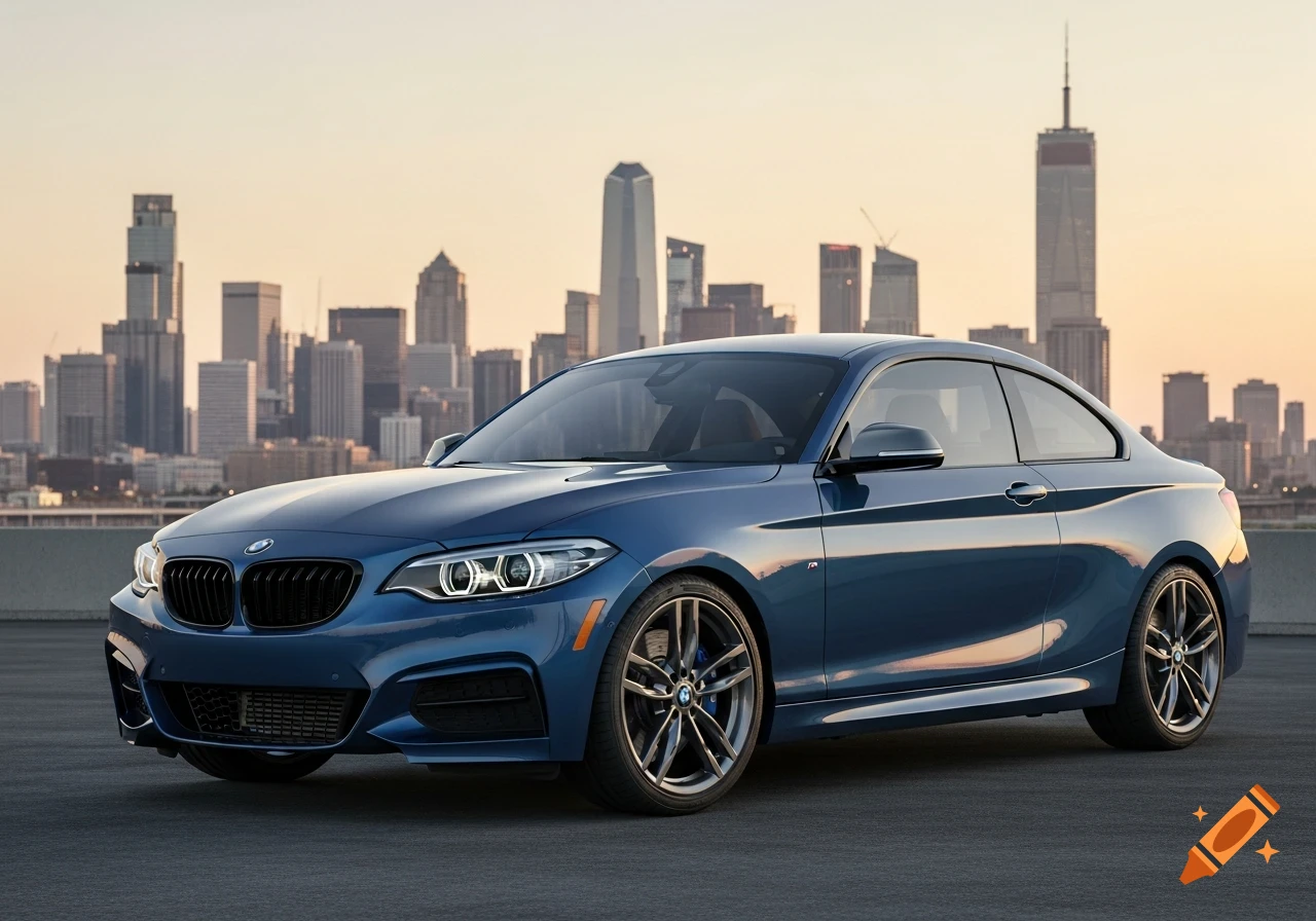 A dark blue BMW M240i coupe is parked on an asphalt surface with a city skyline and sunset sky in the background.