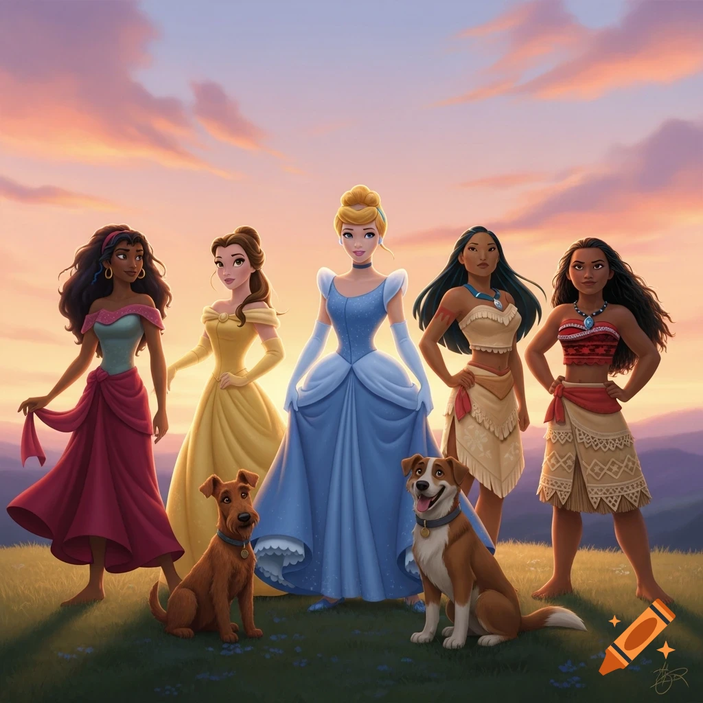 Five animated female characters and two dogs stand happily in a vibrant green field at sunset, in a cinematic style.