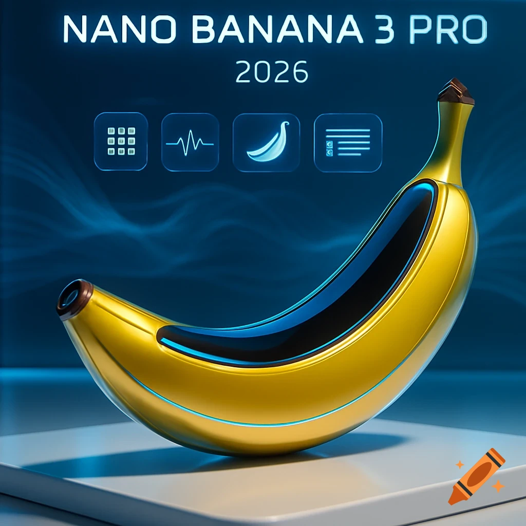 A sleek, metallic gold and blue futuristic banana tech product, labeled 'NANO BANANA 3 PRO 2026', against a glowing blue background.