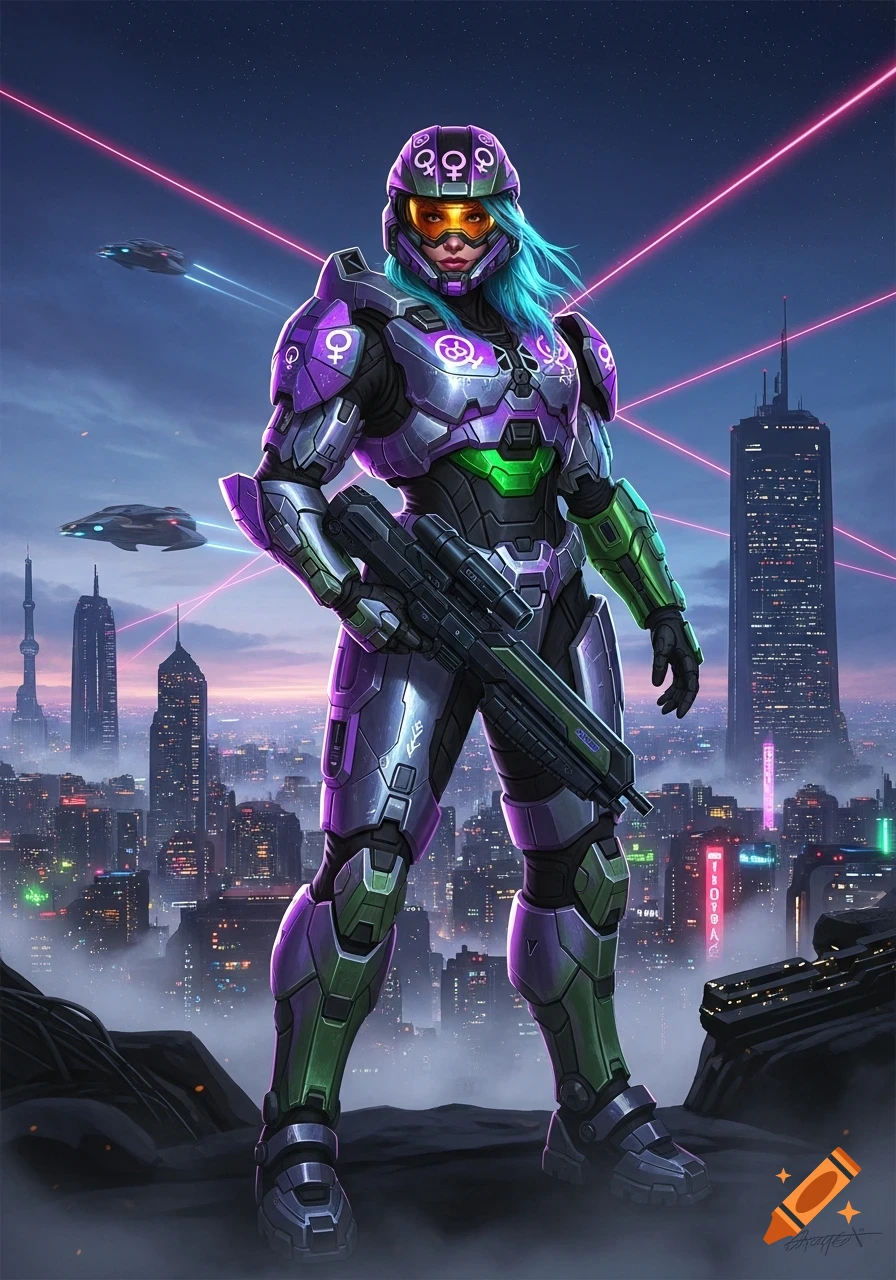 A female warrior in purple and green futuristic armor with teal hair and an assault rifle stands over a cyberpunk city with flying vehicles.