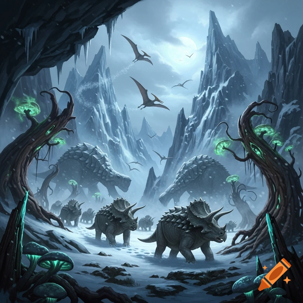 Armored dinosaurs in a snowy, mountainous dark fantasy landscape with glowing mushrooms and pterodactyls flying under a moonlit sky.