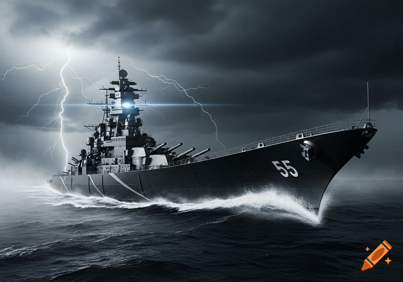 A dark, imposing battleship with hull number 55 cuts through a stormy ocean under a lightning-filled sky, photorealistic.