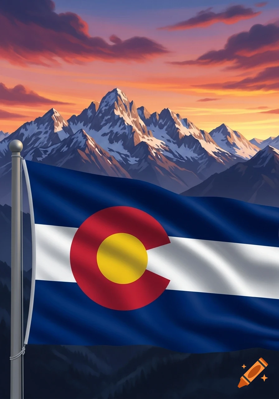 A vibrant Colorado flag waving in front of snow-capped mountains under a dramatic sunset sky.