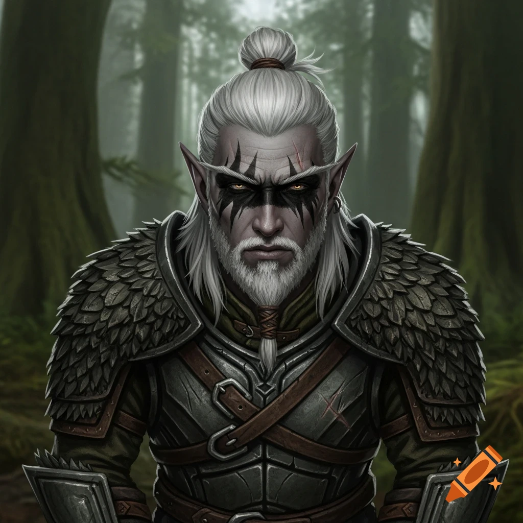 A digital art portrait of a stern male wood elf warrior with white hair, beard, black war paint, and armor, set against a forest background.