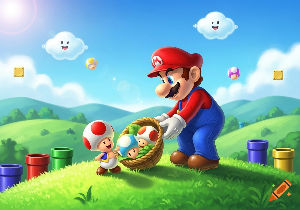 Mario in his iconic overalls and red hat offers a basket of small mushroom characters to Toad in a bright, cartoonish landscape.